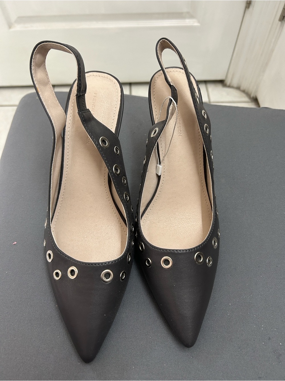 French Connection Black Pointed Slingback Flats with Grommet Accents
